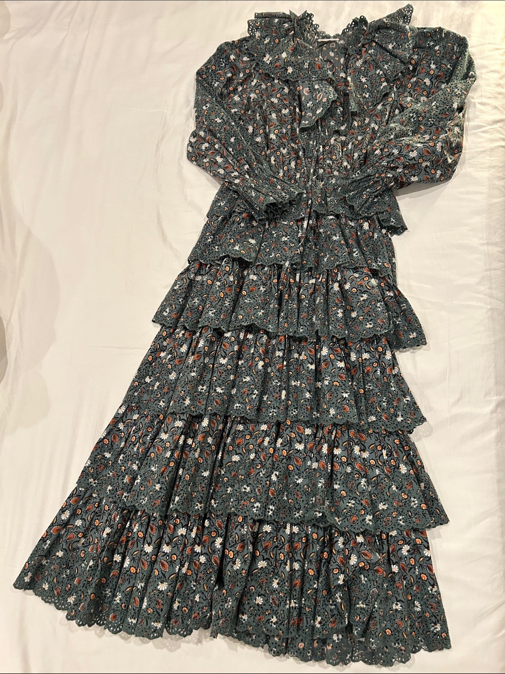 Ulla Johnson Size 2 Dark Green Floral Tiered Maxi Dress